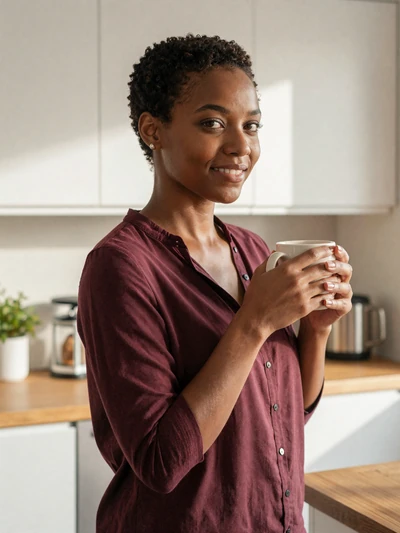 Grace, 25, a verified LunaMeet member smiling in her sunlit kitchen, featured on the FAQ page