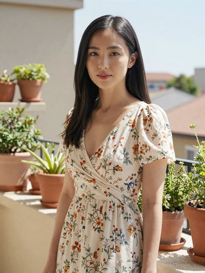 Mia, 29, on her balcony, a verified member of the LunaMeet online dating platform