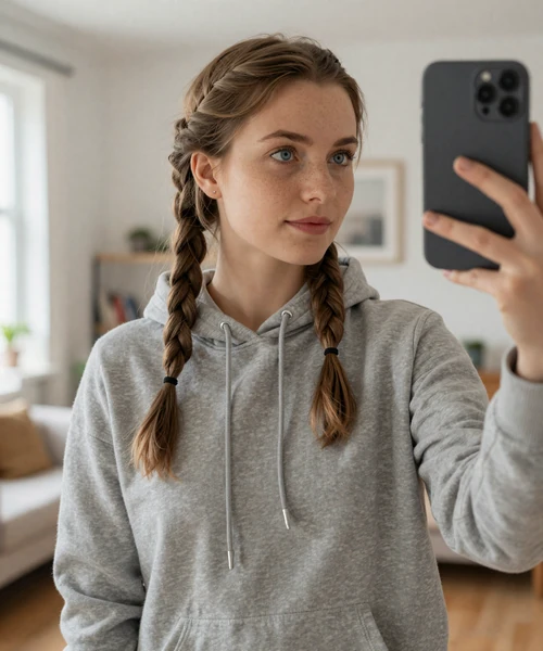 Olivia, 25, taking a mirror selfie in a casual hoodie, an example of an authentic LunaMeet dating profile photo