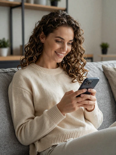 Olivia, 27, relaxing on her couch while browsing LunaMeet on her phone, curious about the dating FAQ