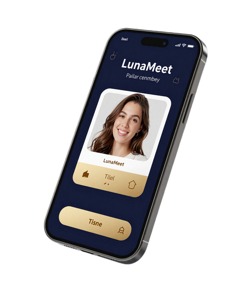 Smartphone mockup displaying the LunaMeet dating app interface with a profile card and gold accent UI elements