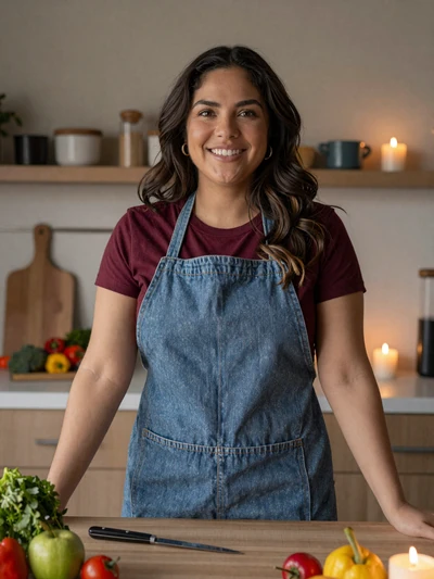 Isabella, 31, a LunaMeet member cooking in her kitchen, representing members who enjoy home-cooked meals and lifestyle dating