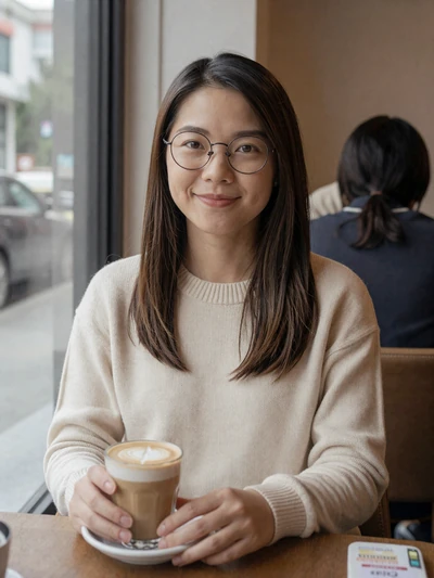 Grace, 30, a verified LunaMeet user enjoying coffee at a local cafe, representing real members on the platform