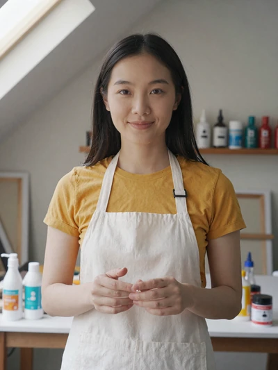 Lily, 24, a creative LunaMeet member painting in her art studio, showcasing the platform's artistic community